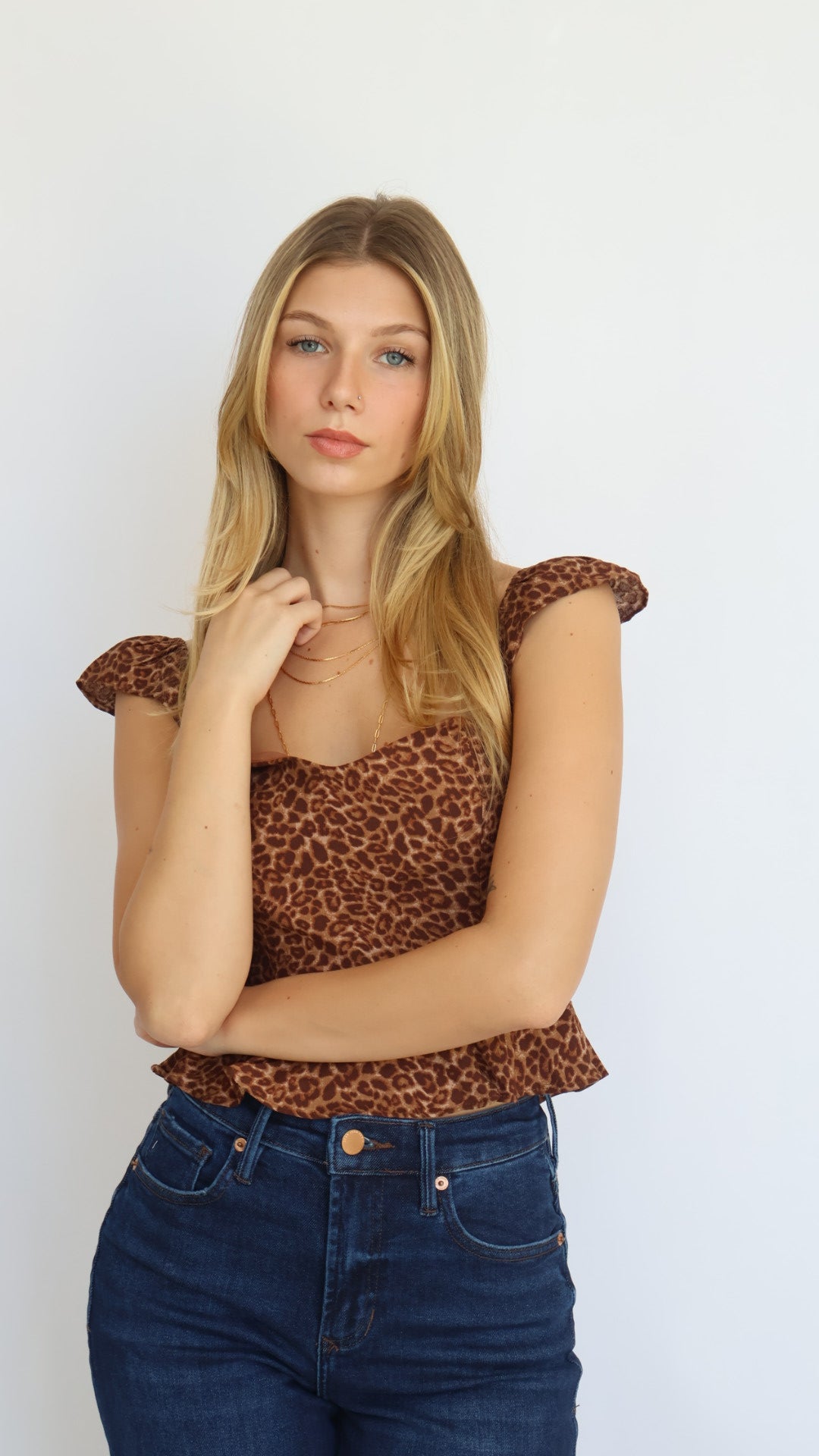 Animal Print Flutter Sleeve Peplum Top