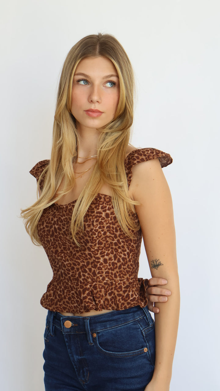 Animal Print Flutter Sleeve Peplum Top