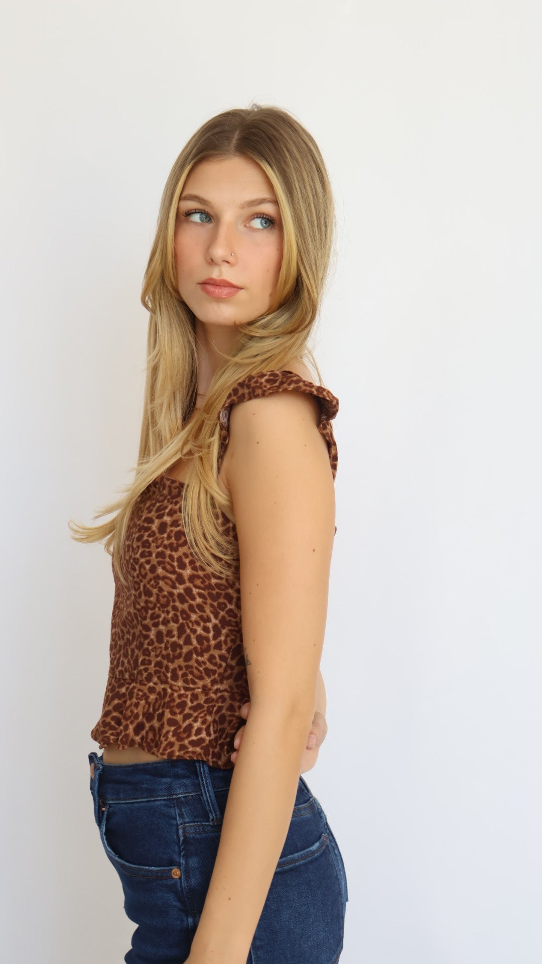 Animal Print Flutter Sleeve Peplum Top