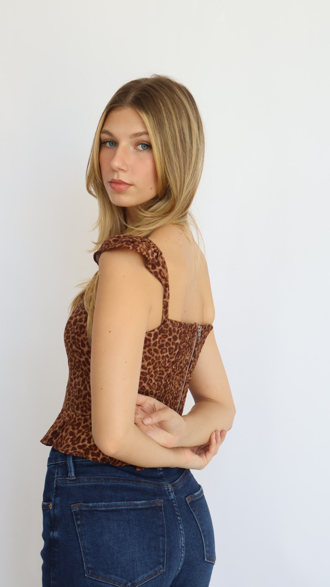 Animal Print Flutter Sleeve Peplum Top