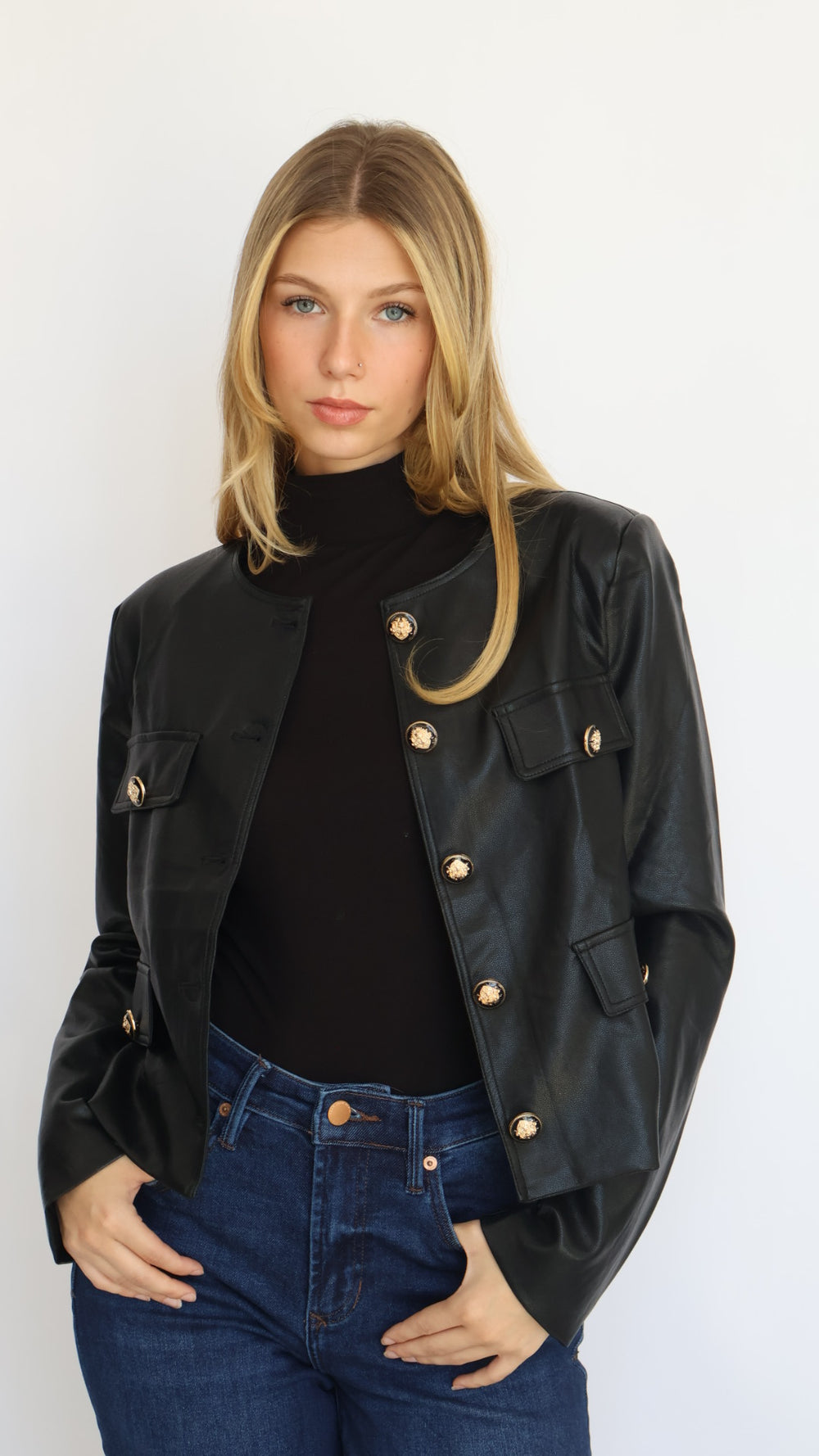 Collarless Vegan Leather Jacket