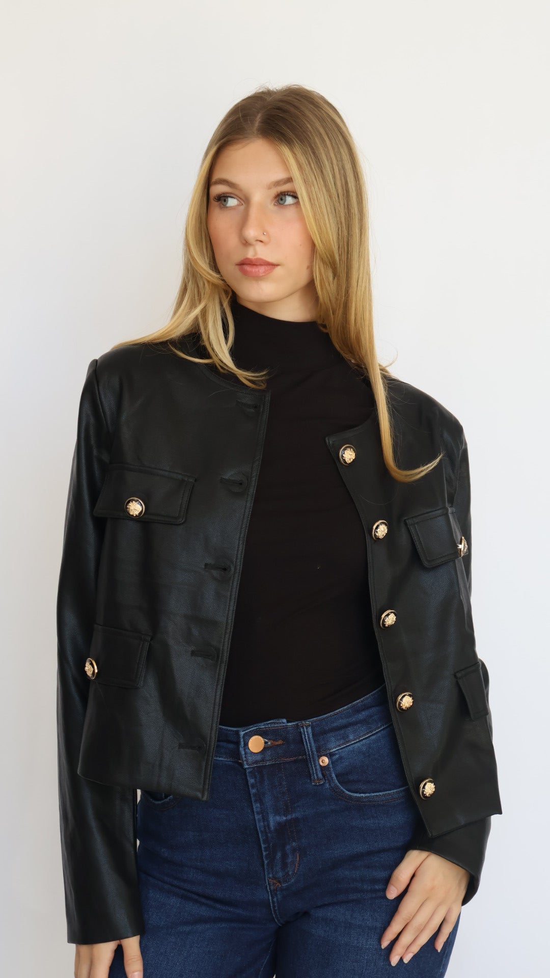 Collarless Vegan Leather Jacket