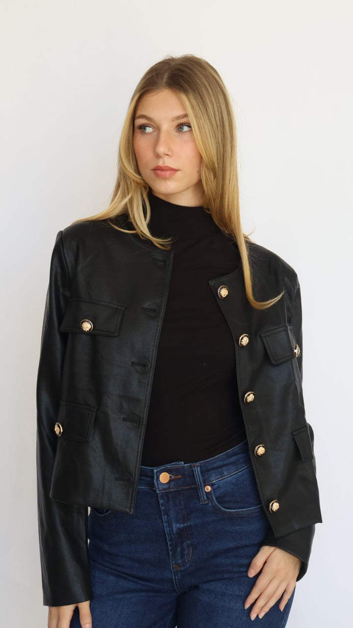 Collarless Vegan Leather Jacket