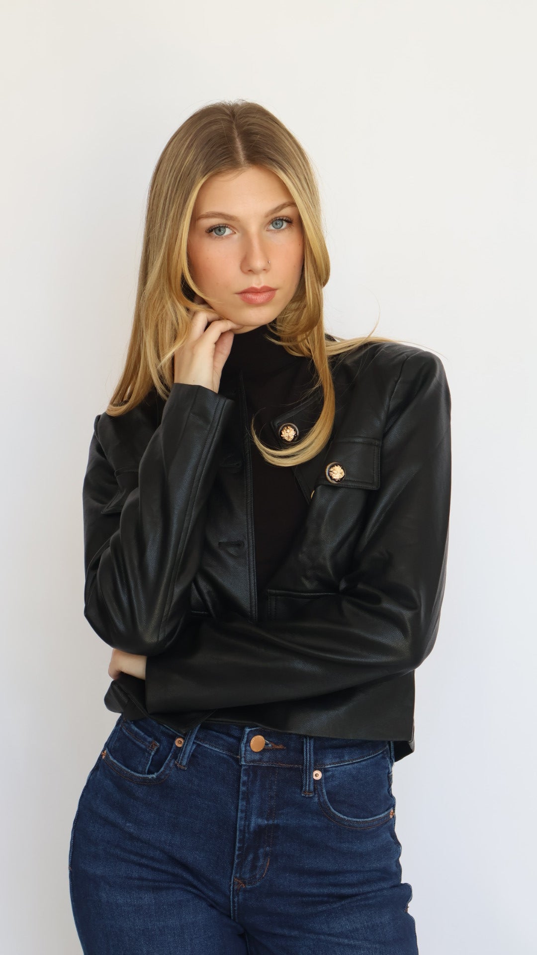 Collarless Vegan Leather Jacket