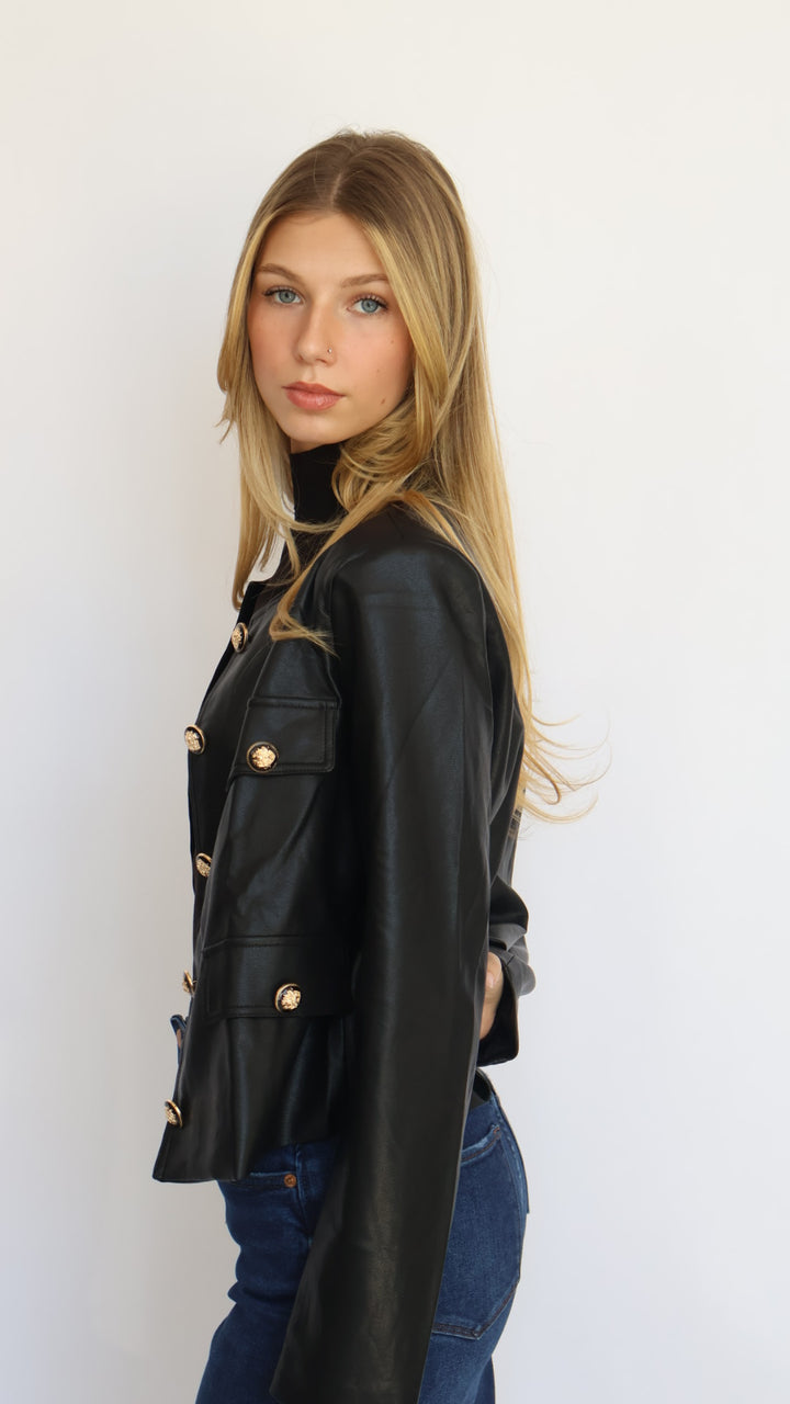 Collarless Vegan Leather Jacket