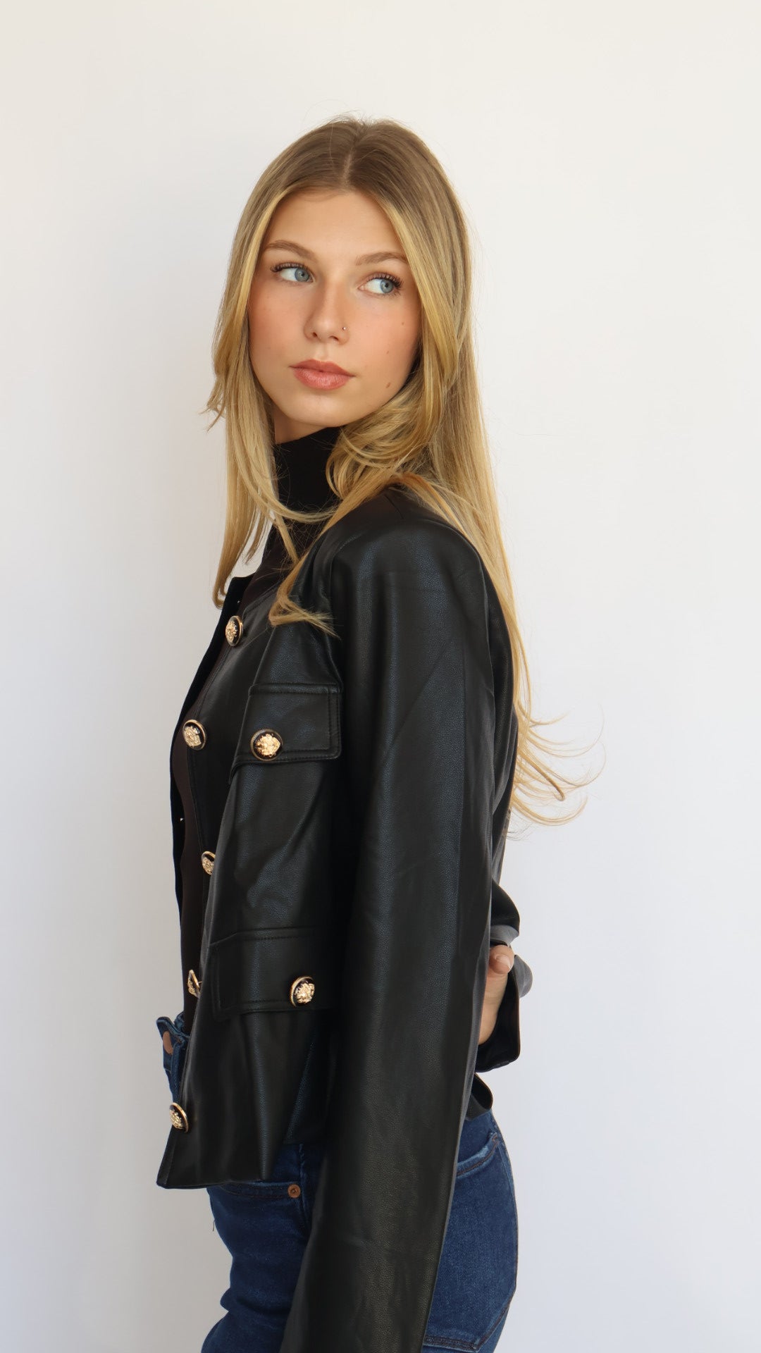 Collarless Vegan Leather Jacket