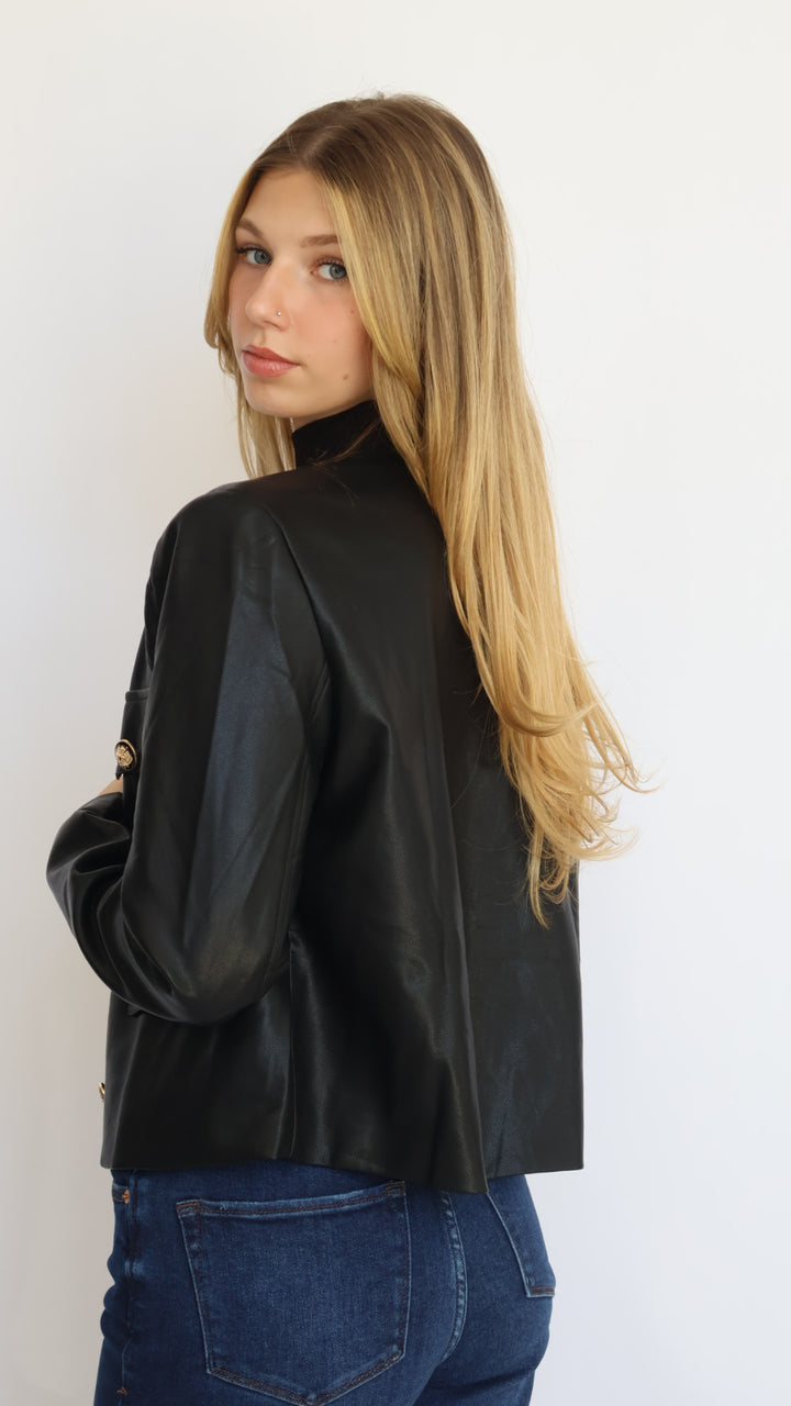 Collarless Vegan Leather Jacket