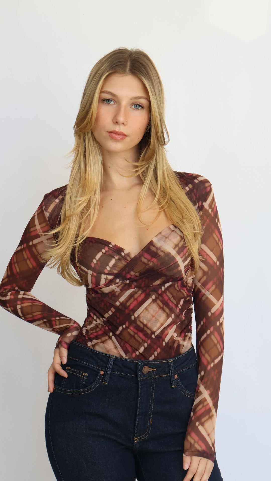 Plaid Mesh Sweetheart Neck Blouse