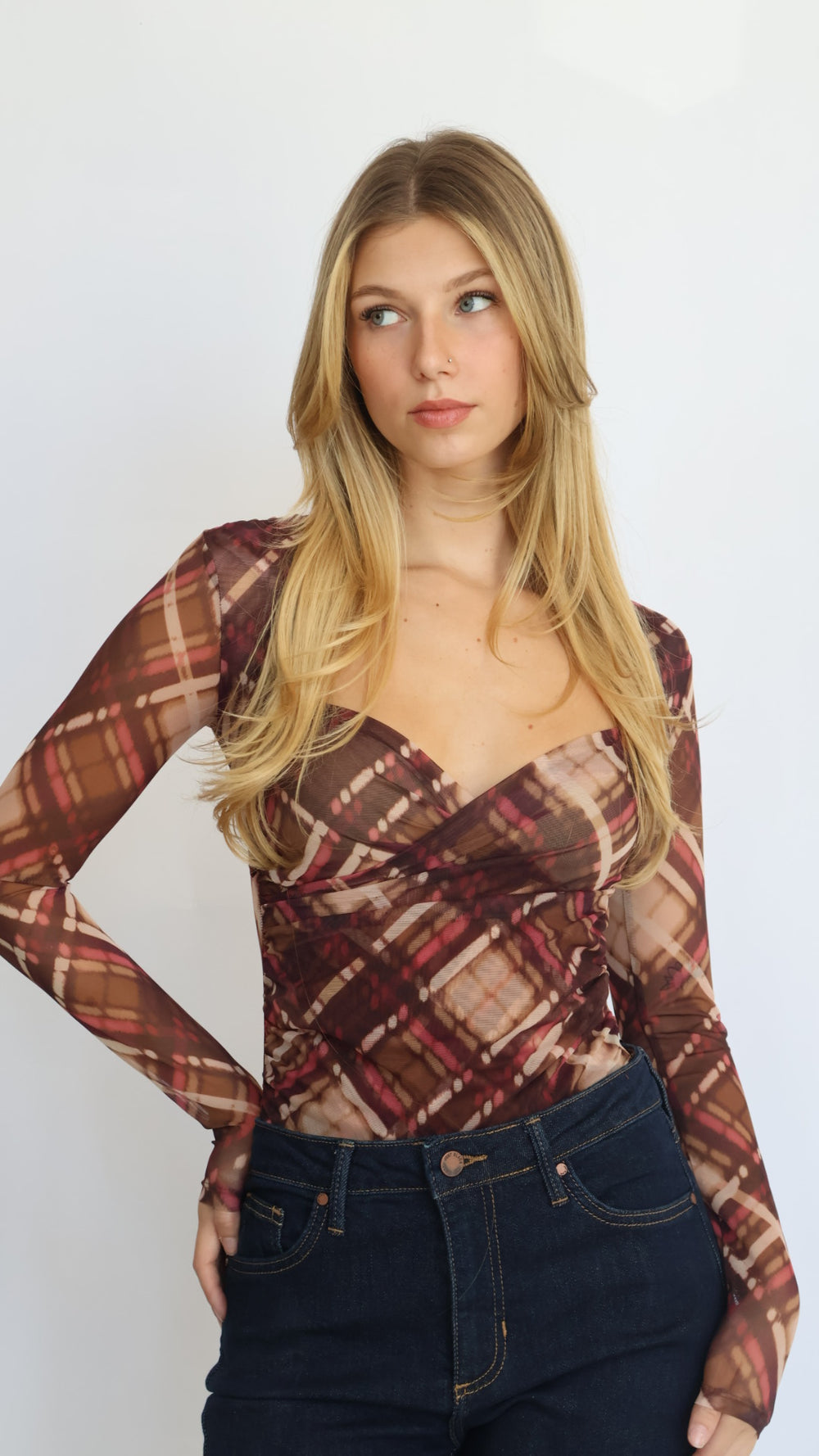 Plaid Mesh Sweetheart Neck Blouse