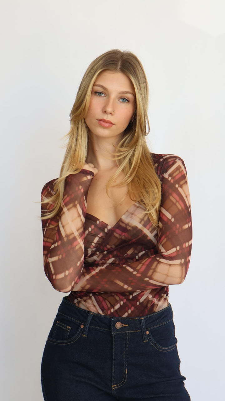 Plaid Mesh Sweetheart Neck Blouse