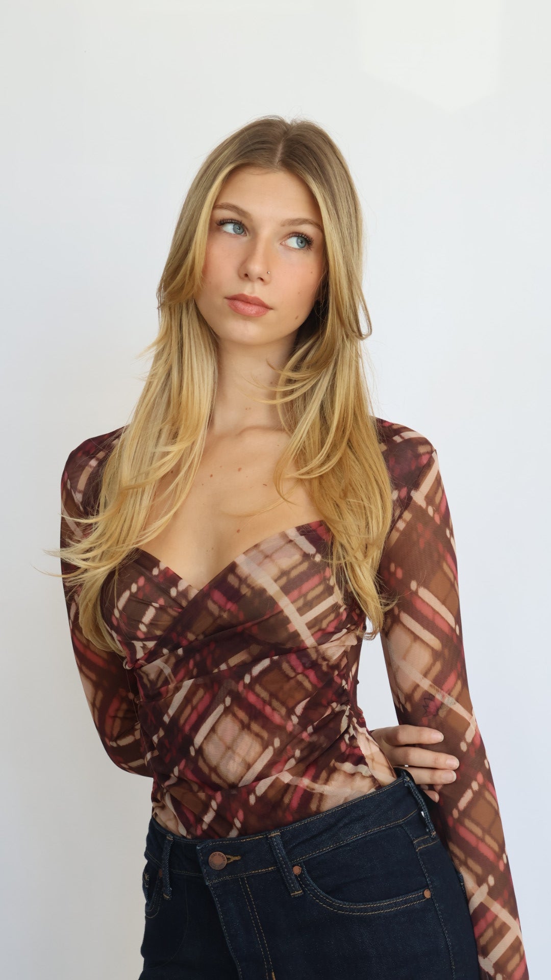 Plaid Mesh Sweetheart Neck Blouse
