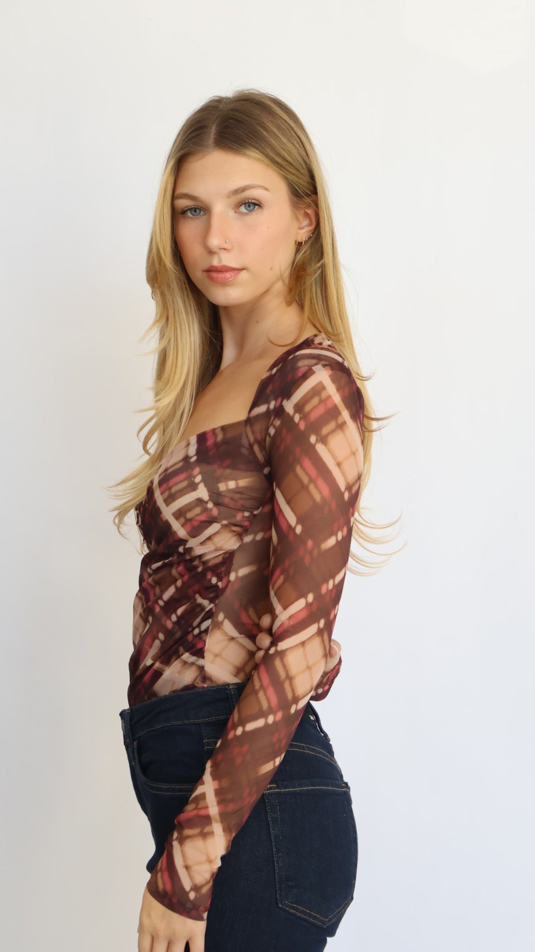 Plaid Mesh Sweetheart Neck Blouse