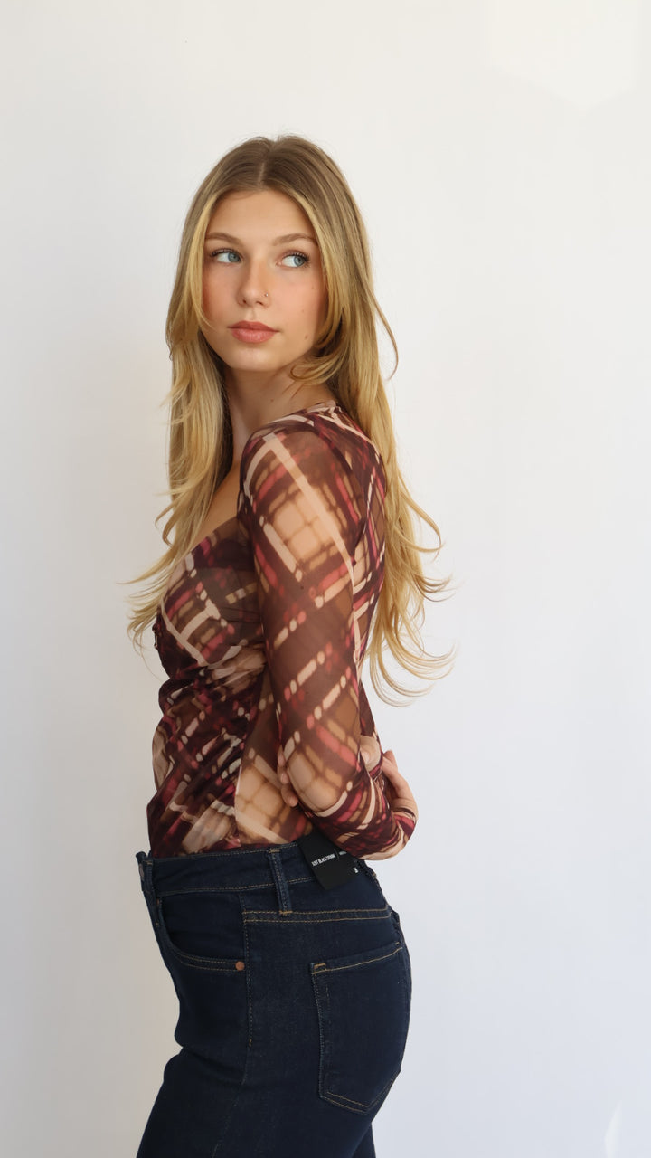 Plaid Mesh Sweetheart Neck Blouse