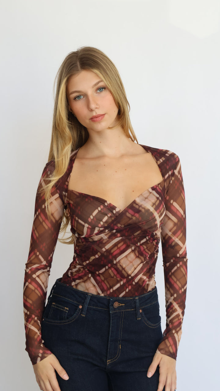 Plaid Mesh Sweetheart Neck Blouse