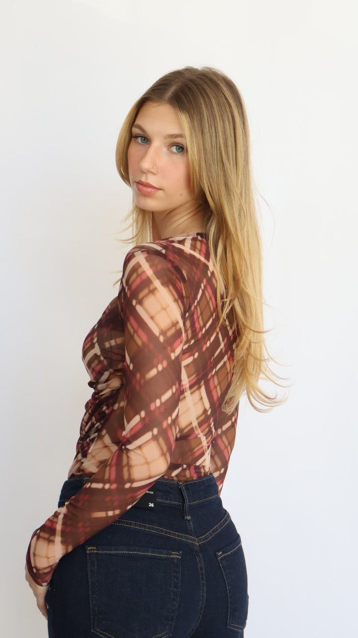Plaid Mesh Sweetheart Neck Blouse