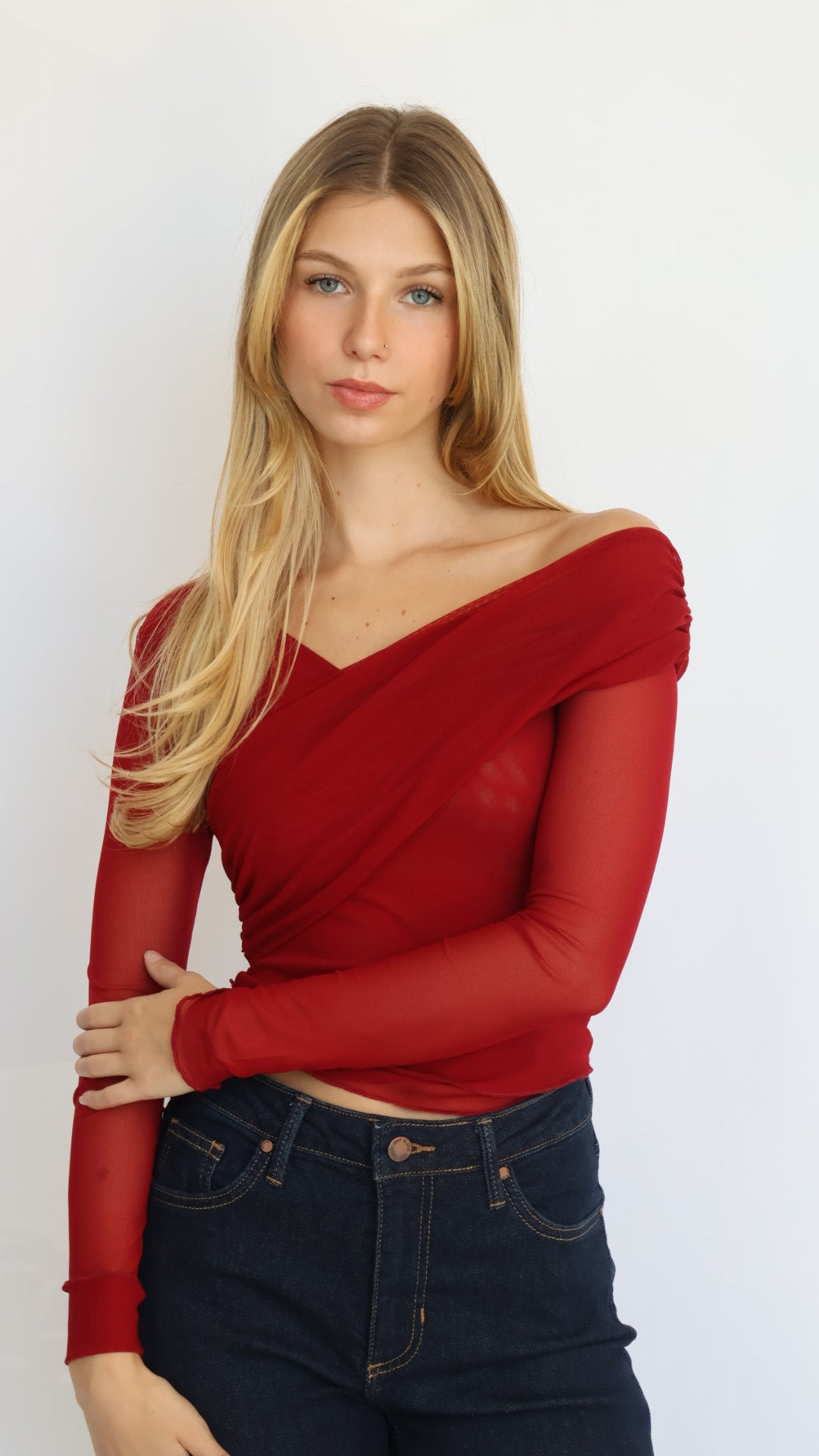 Red Asymmetrical Off-Shoulder Mesh Top
