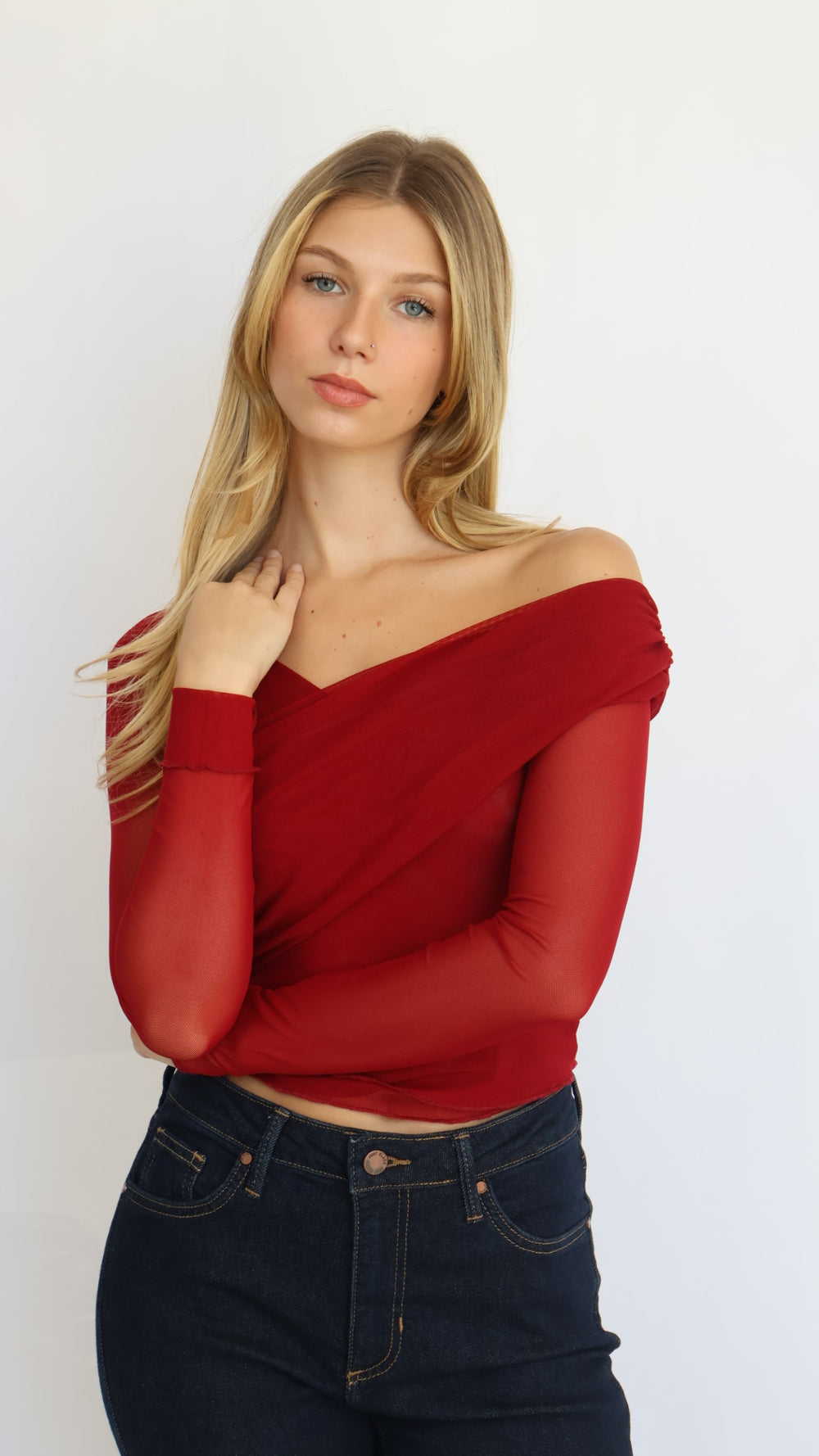 Red Asymmetrical Off-Shoulder Mesh Top