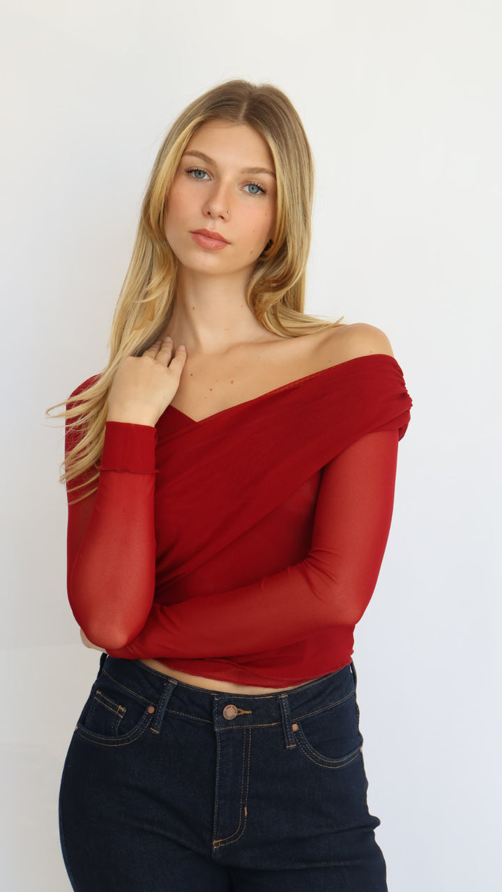 Red Asymmetrical Off-Shoulder Mesh Top