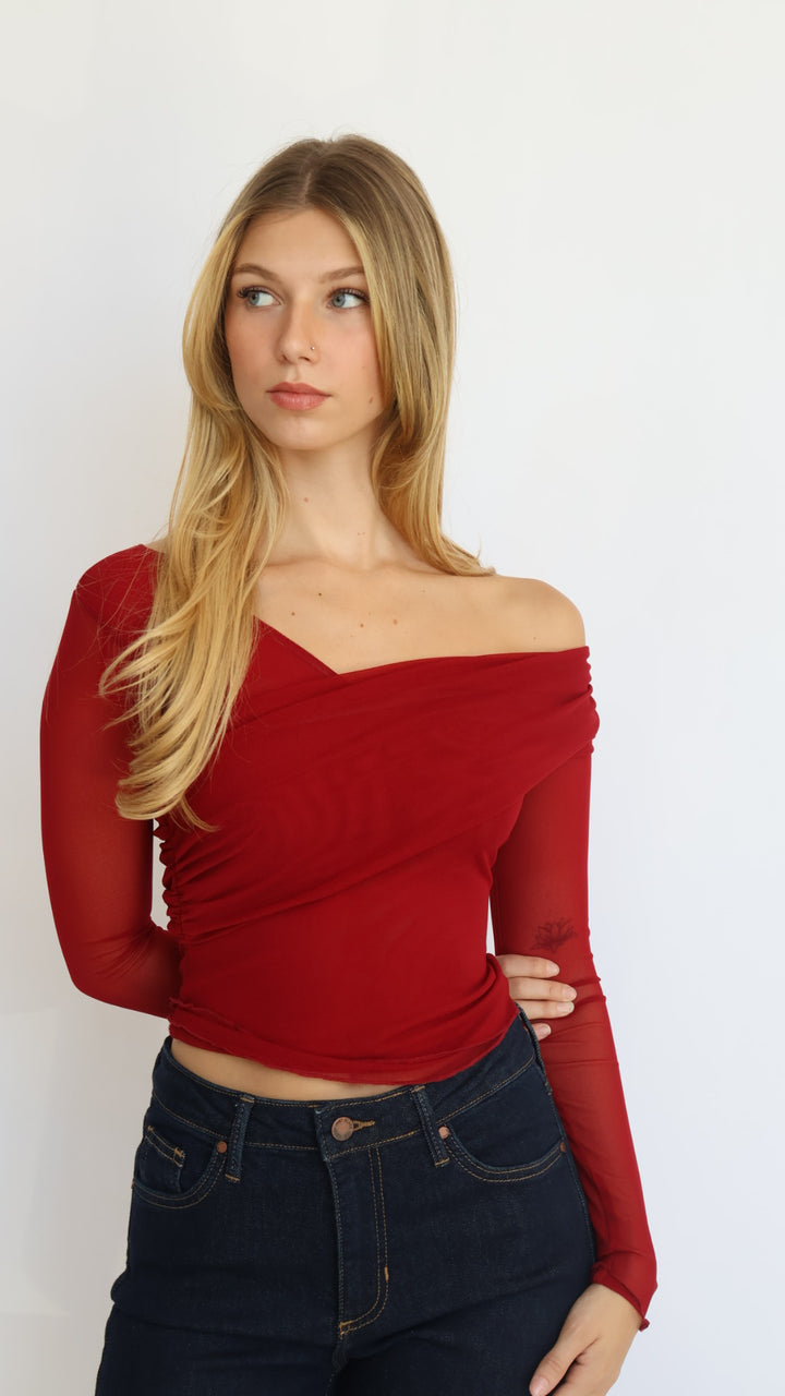 Red Asymmetrical Off-Shoulder Mesh Top