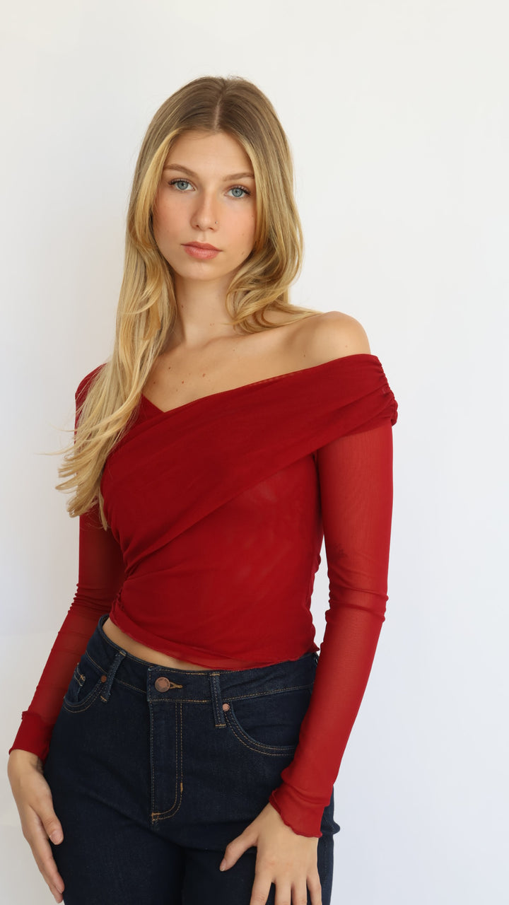 Red Asymmetrical Off-Shoulder Mesh Top