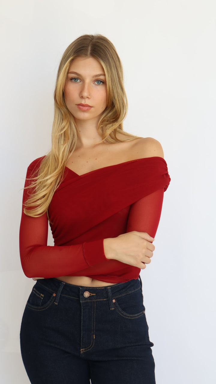 Red Asymmetrical Off-Shoulder Mesh Top