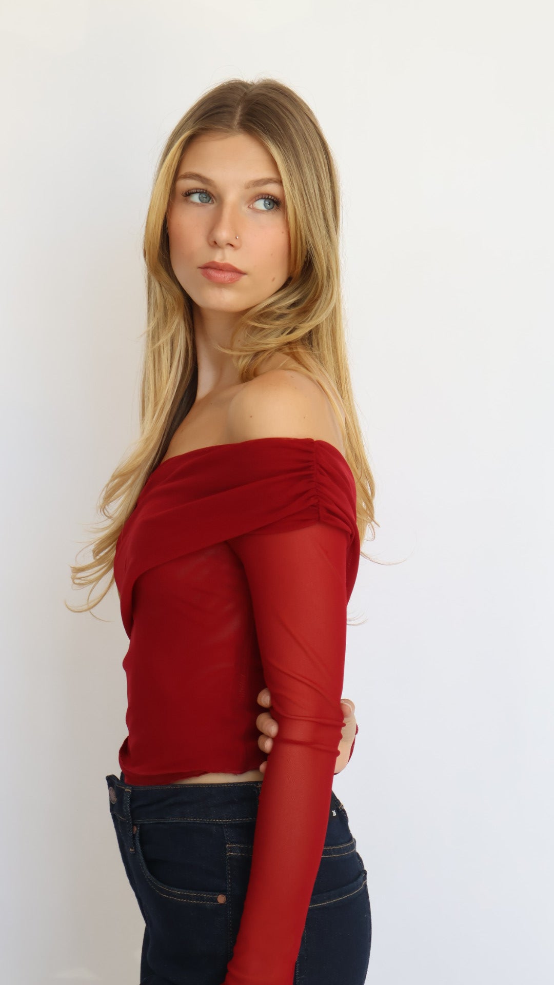 Red Asymmetrical Off-Shoulder Mesh Top