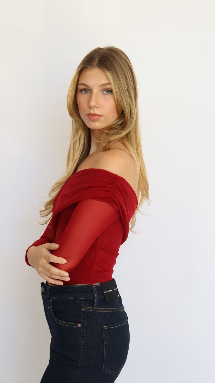 Red Asymmetrical Off-Shoulder Mesh Top