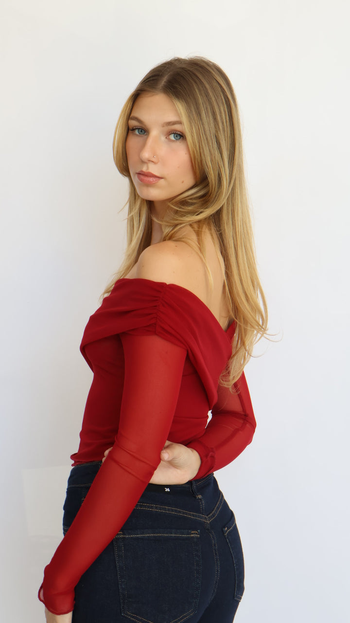 Red Asymmetrical Off-Shoulder Mesh Top