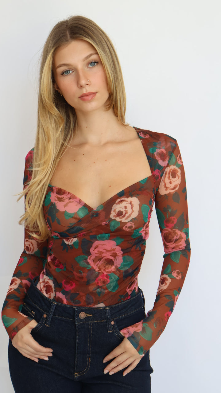 Mesh Floral Sweetheart Neck Top