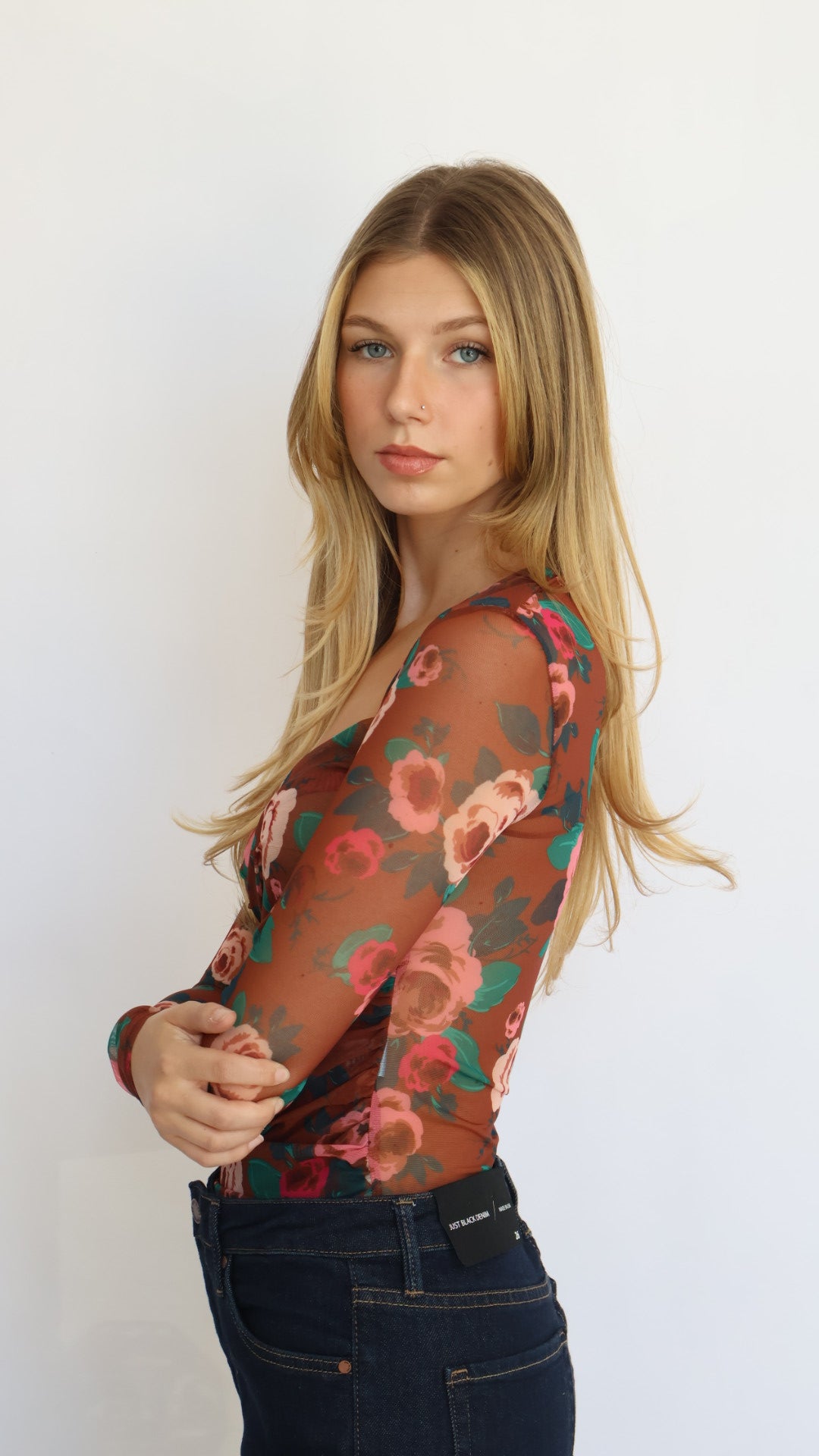 Mesh Floral Sweetheart Neck Top