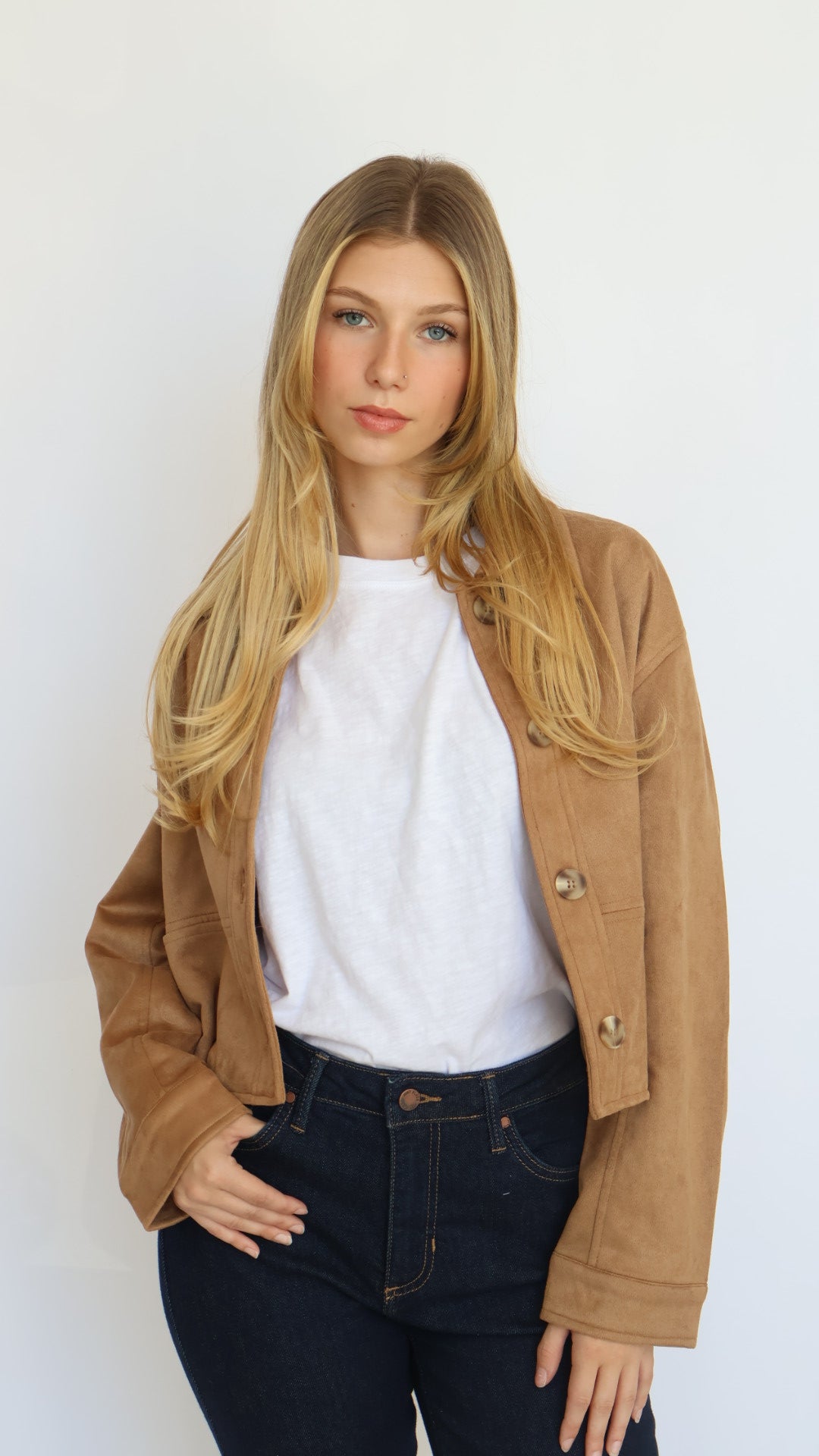 Vegan Suede Collared Button Front Jacket