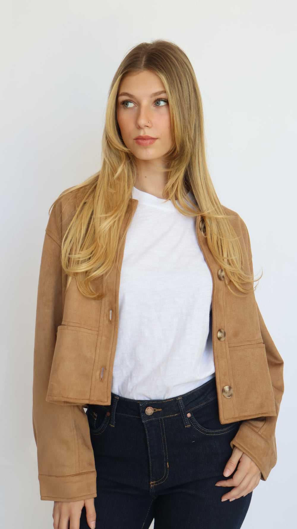 Vegan Suede Collared Button Front Jacket