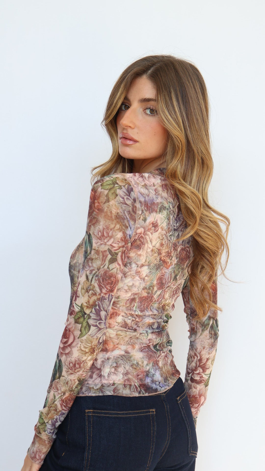 Floral Print Mesh Snap Front Long Sleeve Top