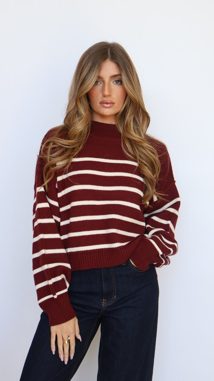 Loose Fit Mock Neck Stripe Sweater