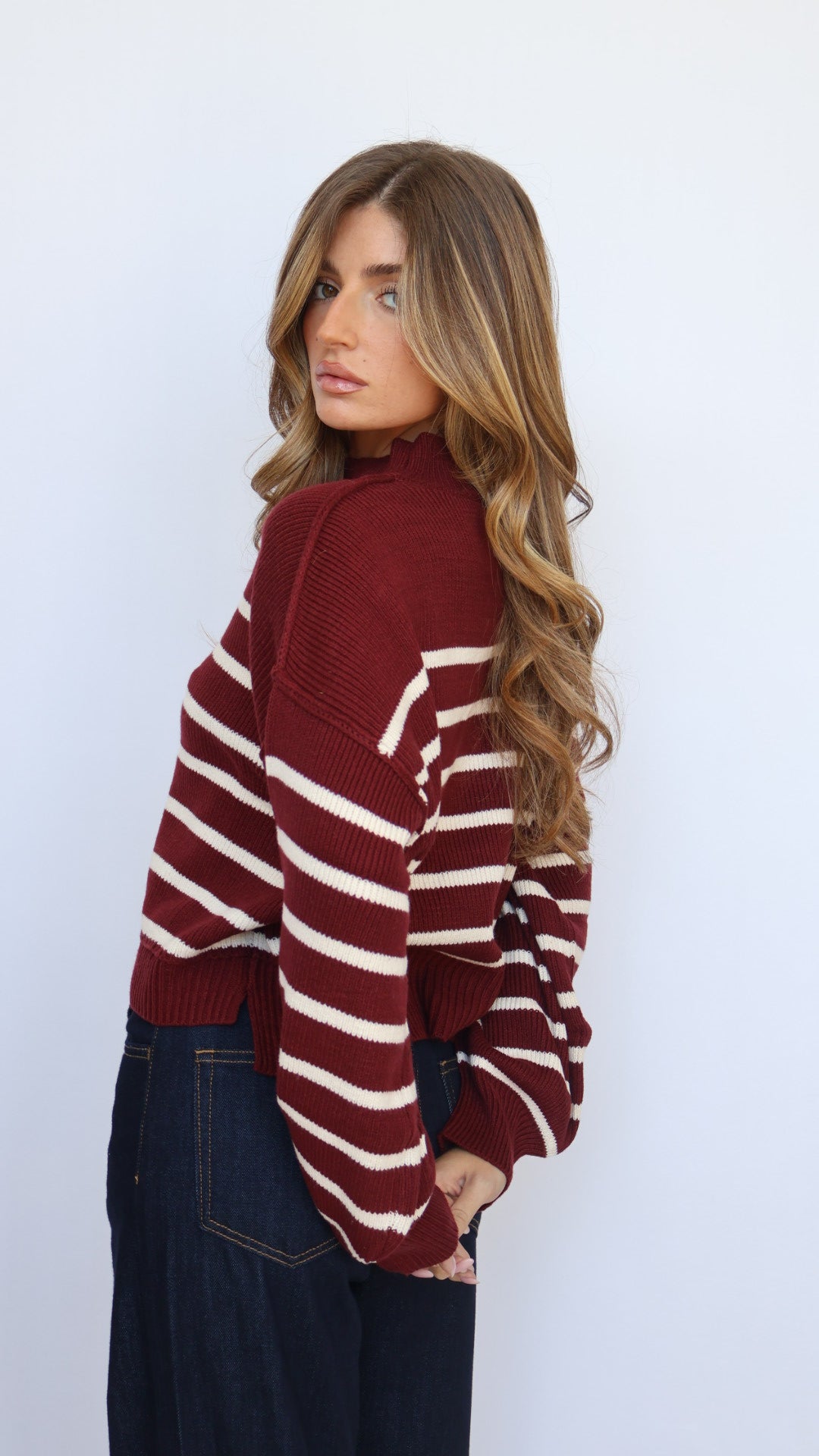 Loose Fit Mock Neck Stripe Sweater