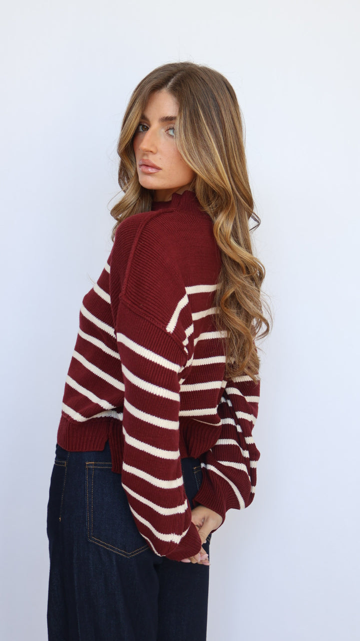 Loose Fit Mock Neck Stripe Sweater