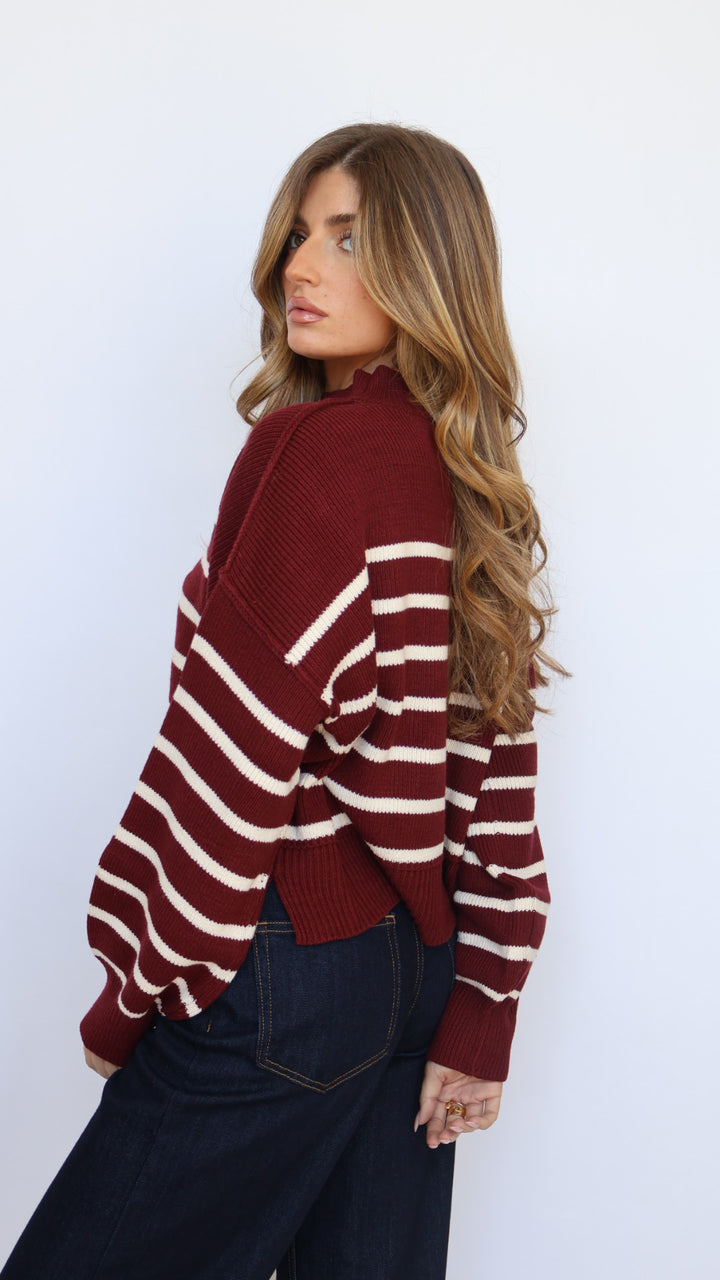 Loose Fit Mock Neck Stripe Sweater
