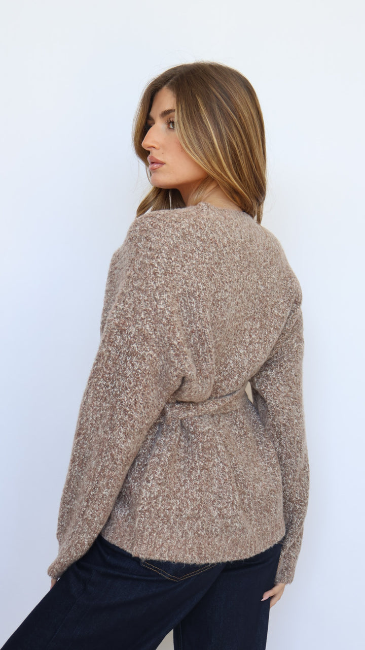 Belted Crew Neck Tunic Sweater