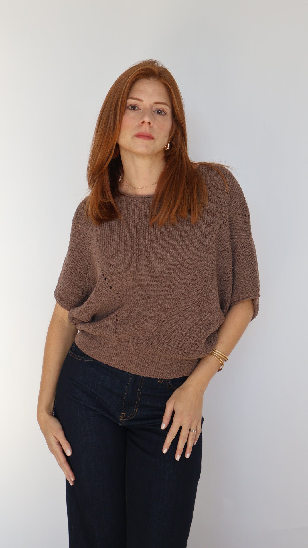 Short-sleeve Pointelle Ribbed Knit Sweater