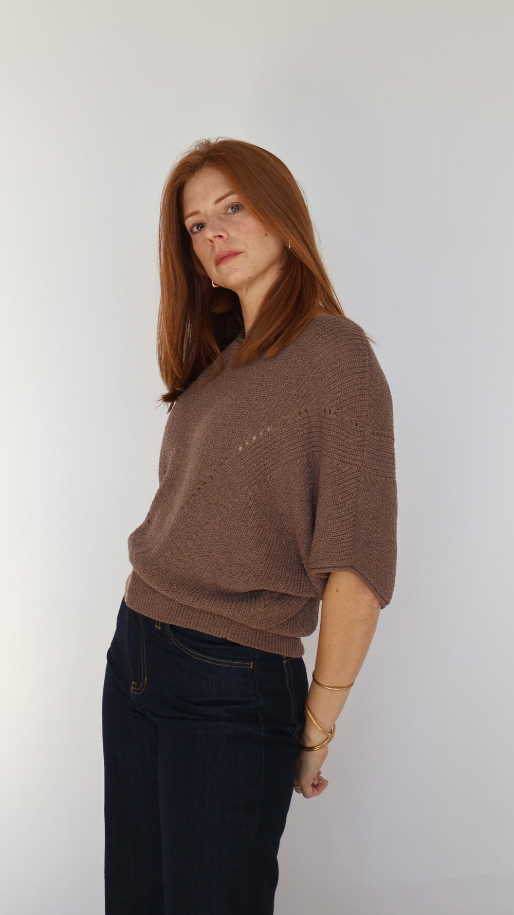 Short-sleeve Pointelle Ribbed Knit Sweater