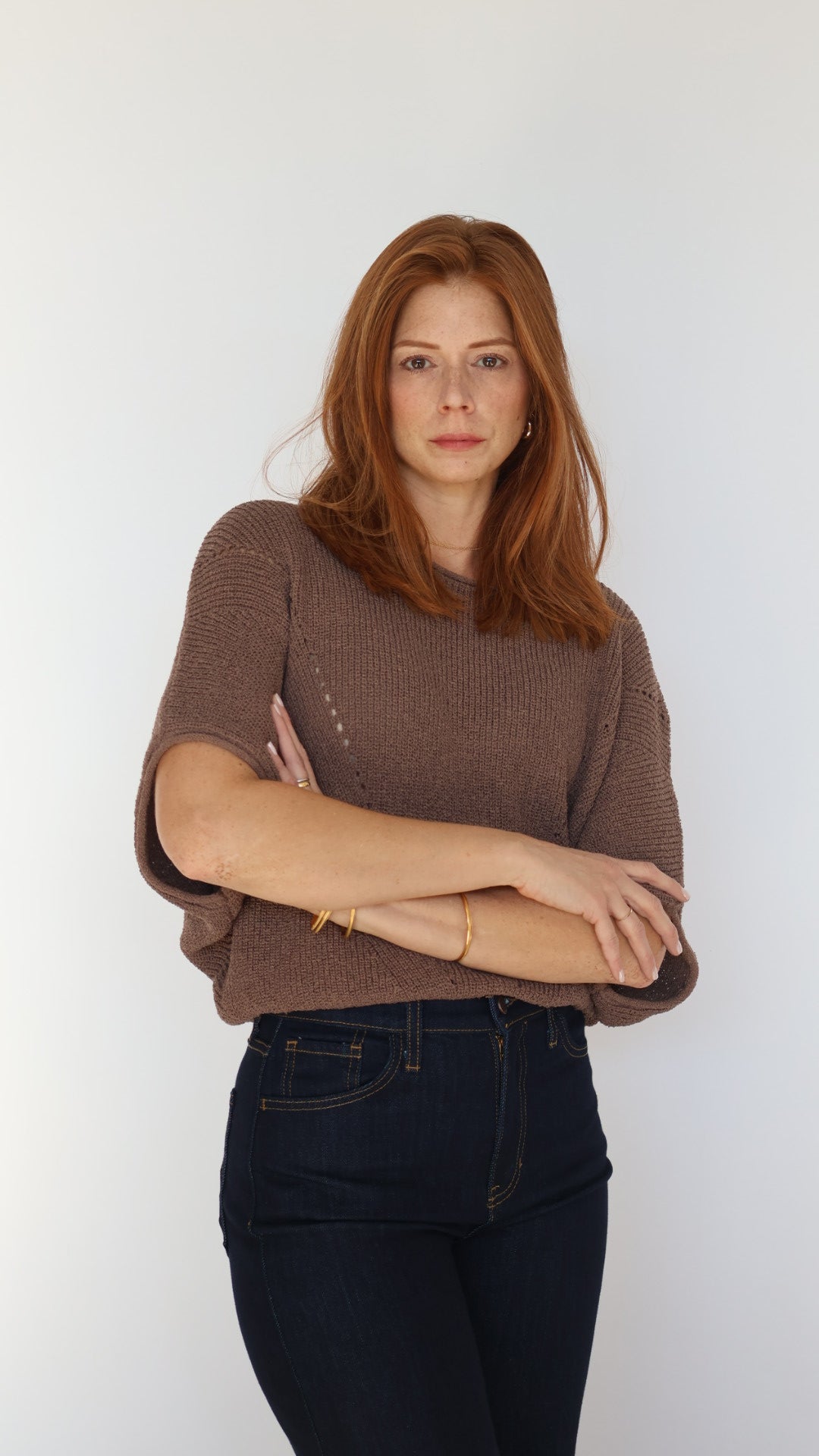Short-sleeve Pointelle Ribbed Knit Sweater