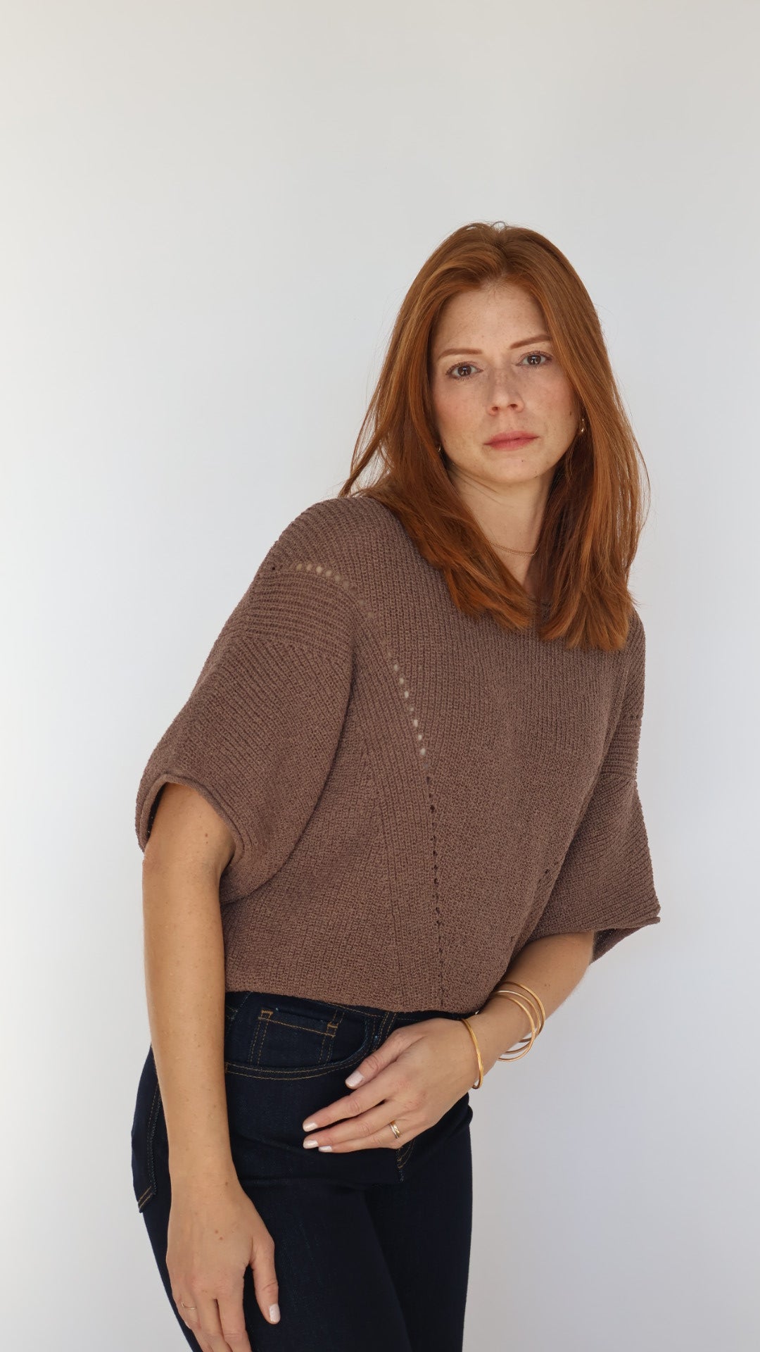 Short-sleeve Pointelle Ribbed Knit Sweater