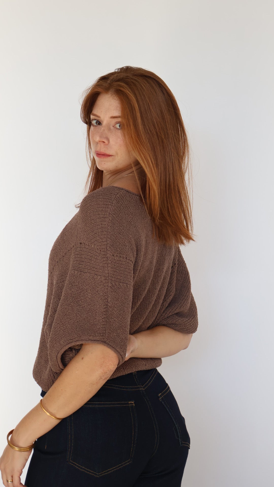 Short-sleeve Pointelle Ribbed Knit Sweater