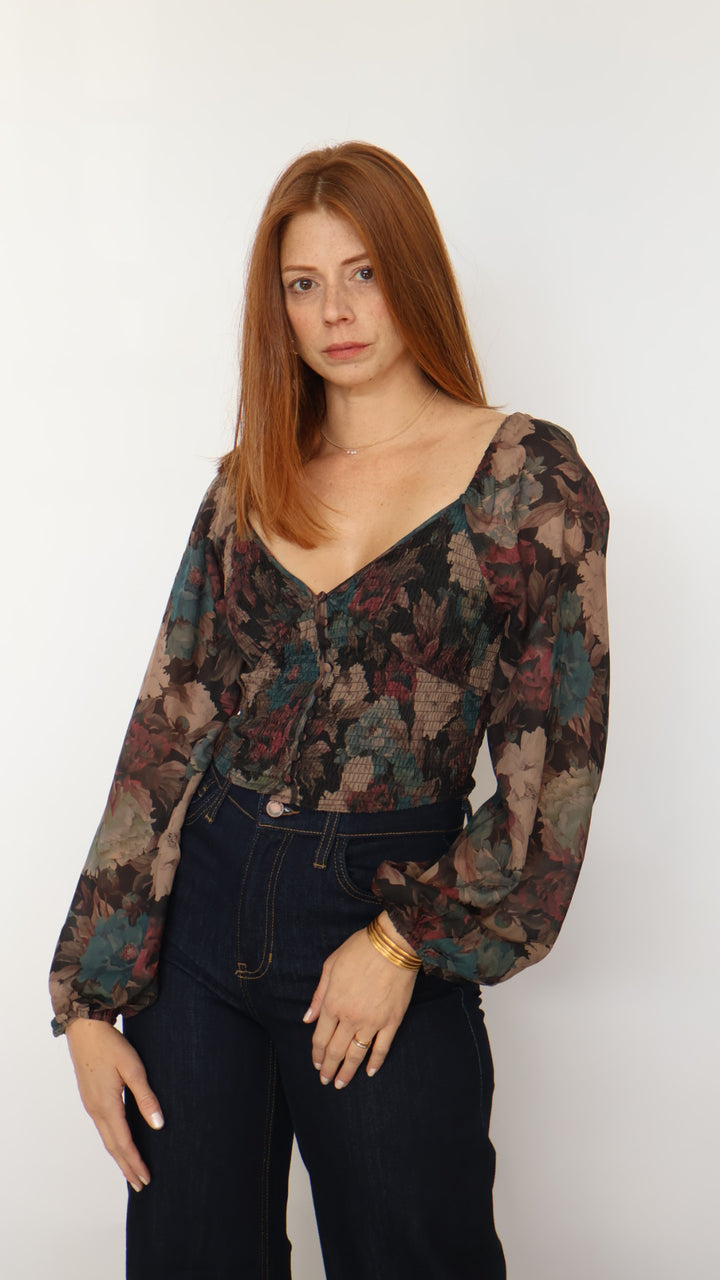 Floral Balloon Sleeve Crop Top