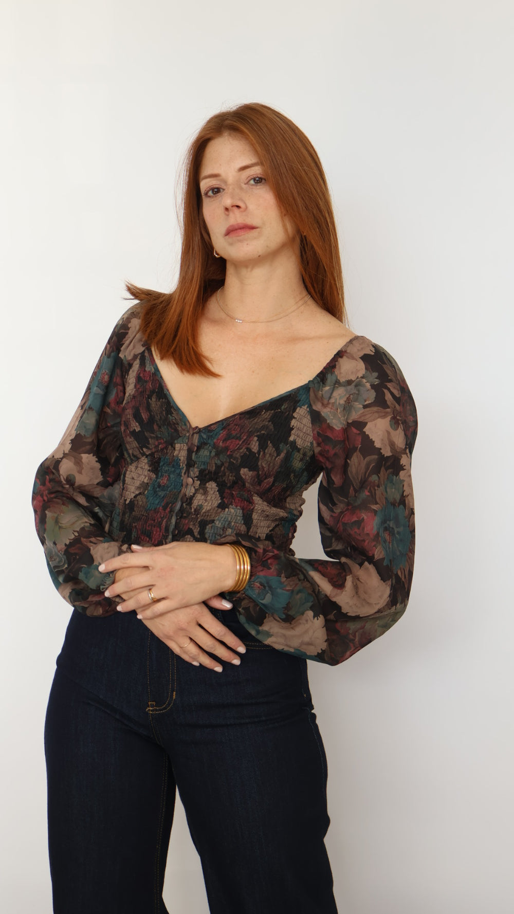 Floral Balloon Sleeve Crop Top