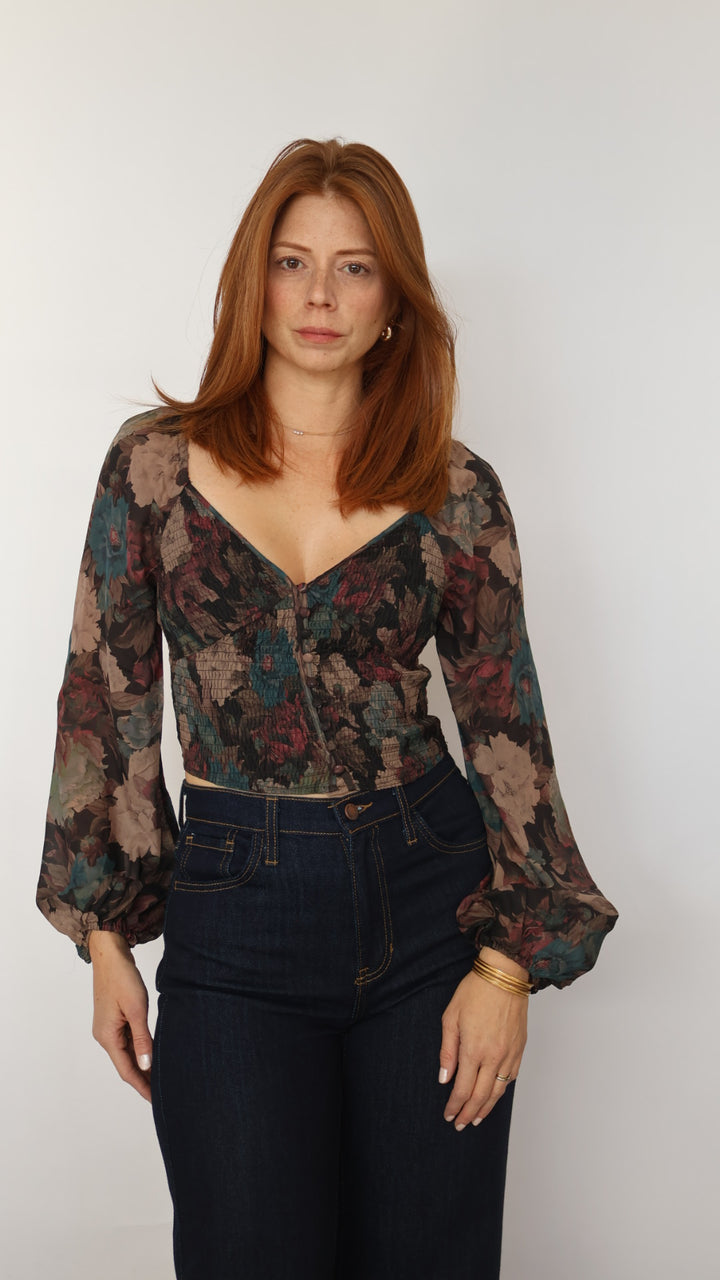 Floral Balloon Sleeve Crop Top
