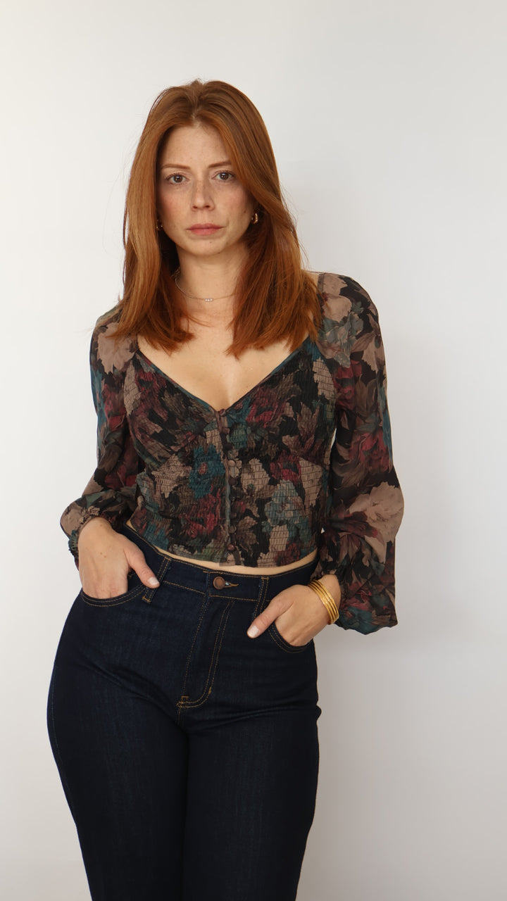 Floral Balloon Sleeve Crop Top