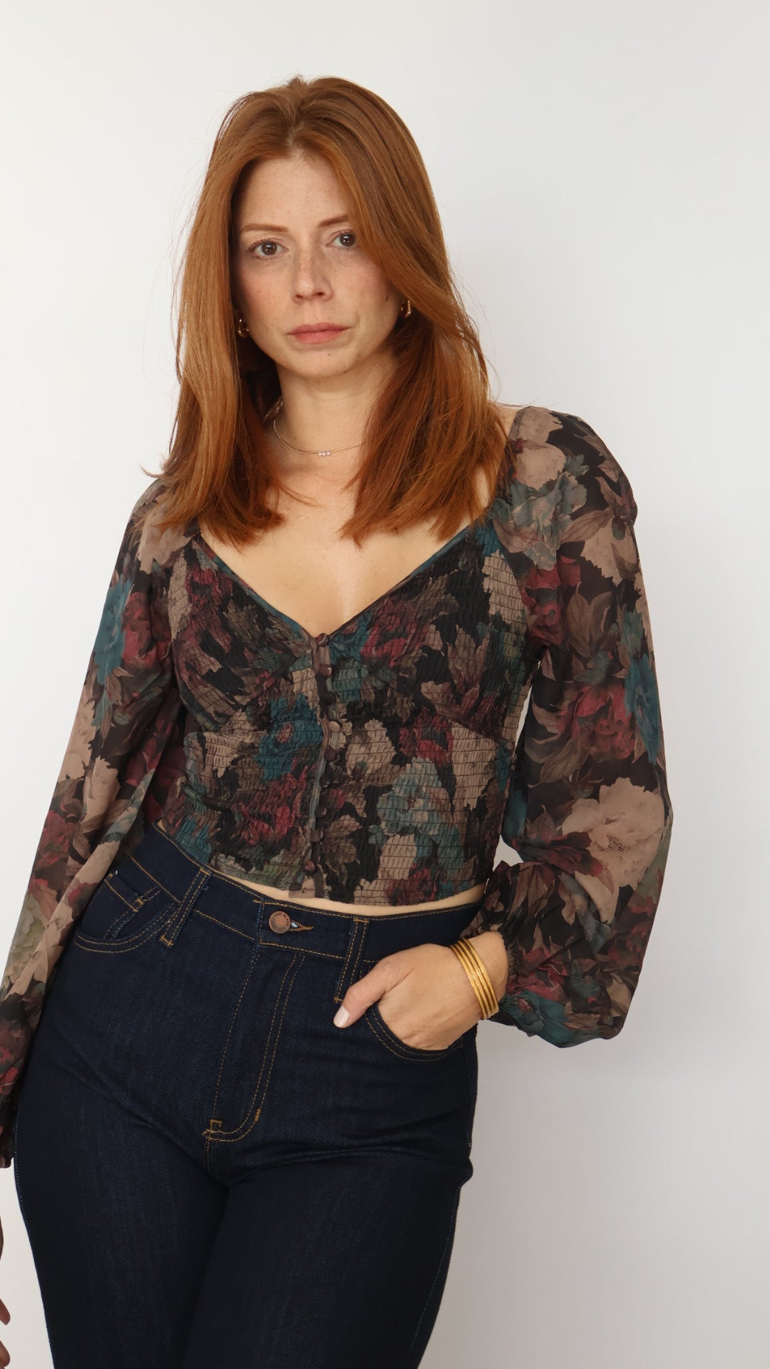 Floral Balloon Sleeve Crop Top