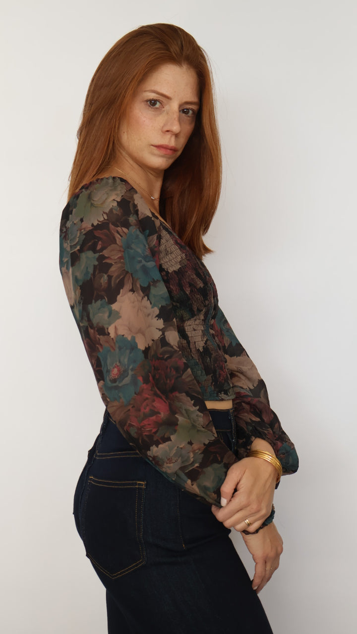 Floral Balloon Sleeve Crop Top