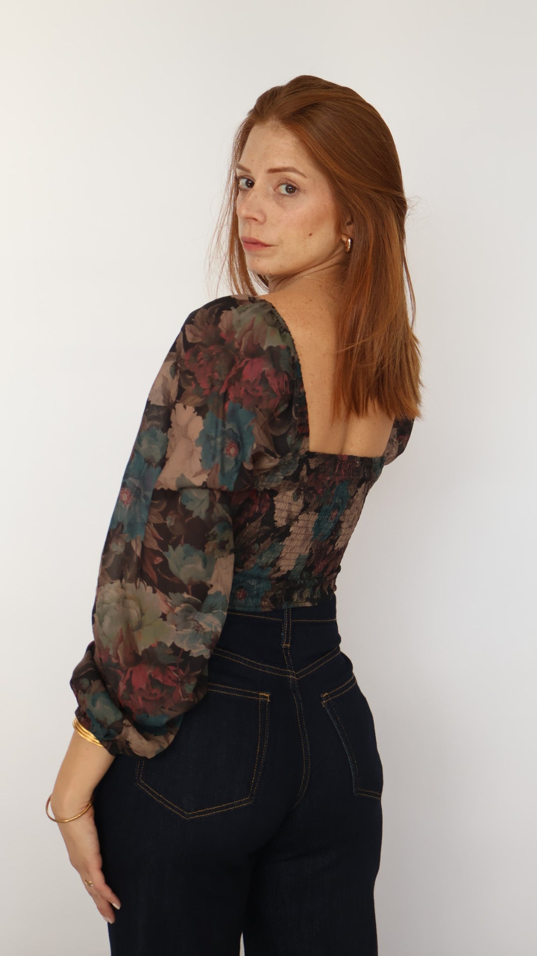 Floral Balloon Sleeve Crop Top